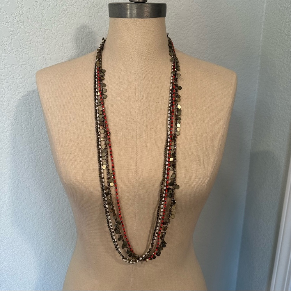 LOFT Multi-Strand Seed Bead Necklace - Orange, White & Bronze Discs